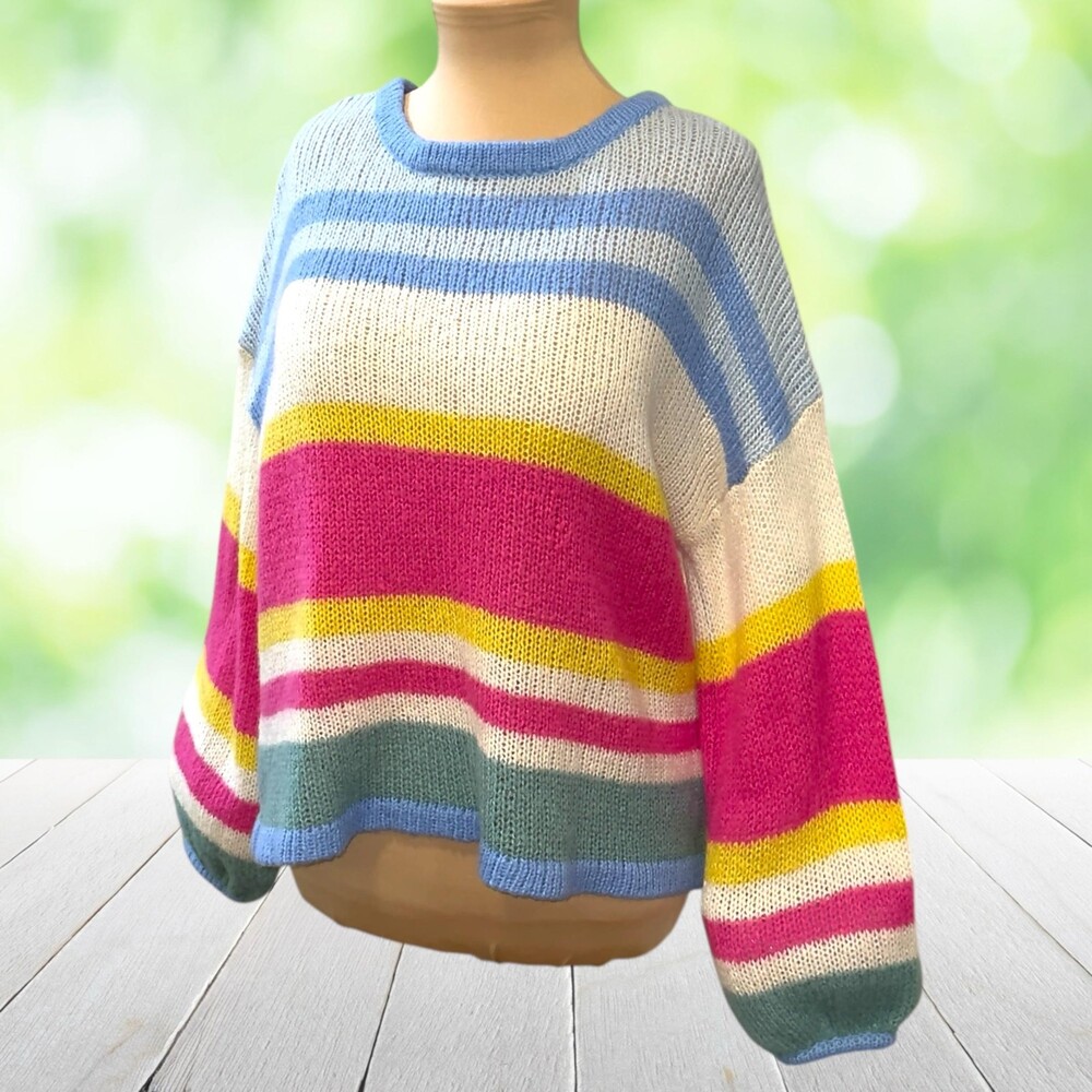 ALTARD STATE Bright Pastel Stripe Sweater Oversized Balloon Sleeve Preppy Size M